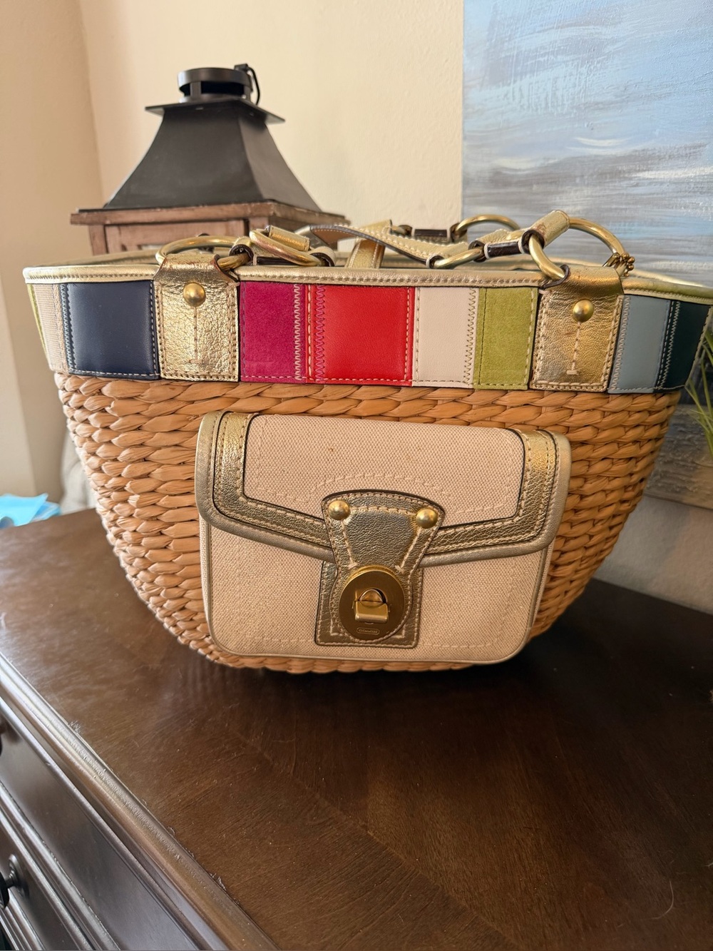 Vintage Coach y2k 2006 Legacy Stripe Straw Basket Bag